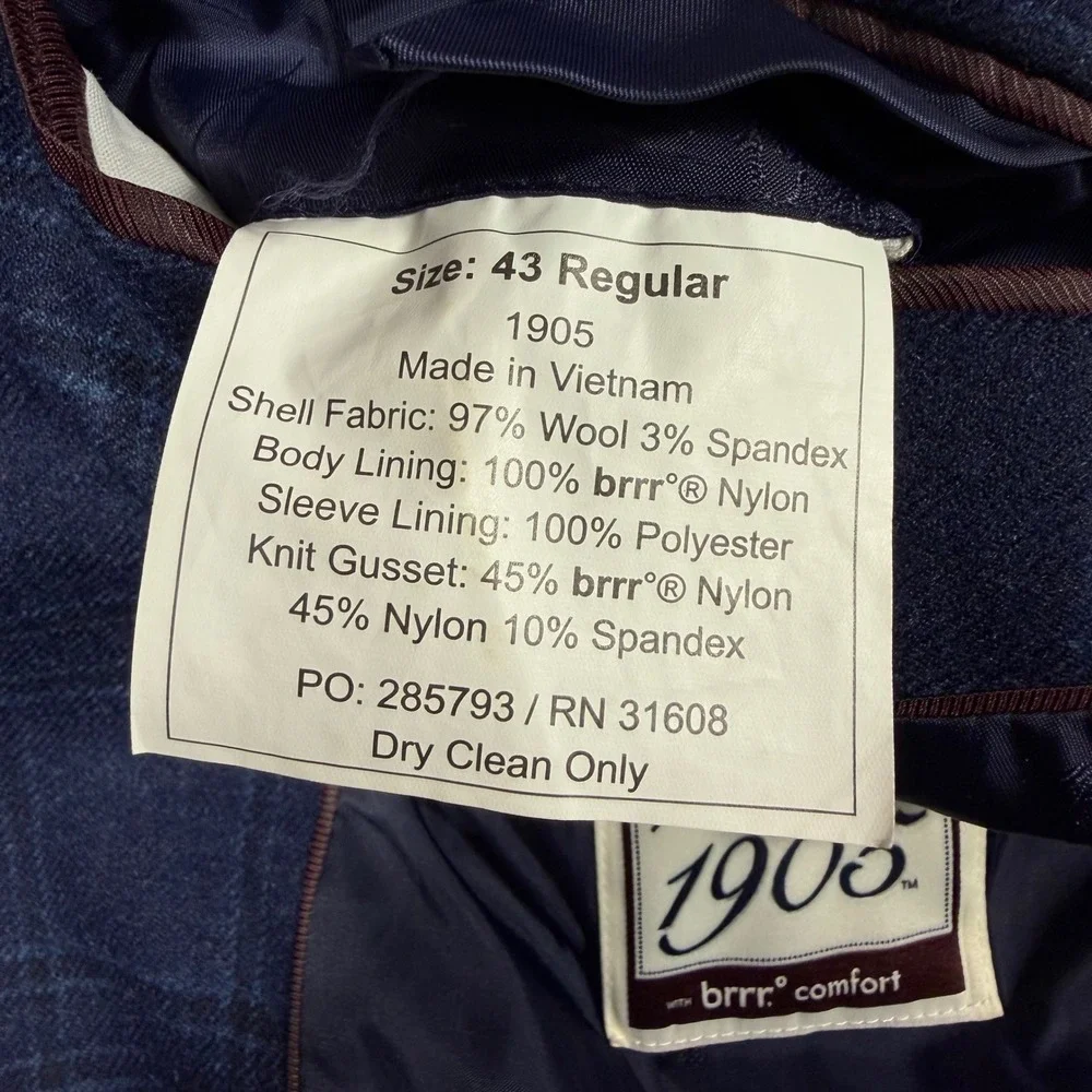Jos A Bank 1905 Plaid Blazer Mens 43R Navy Blue Wool Blend Brrr Comfort EUC